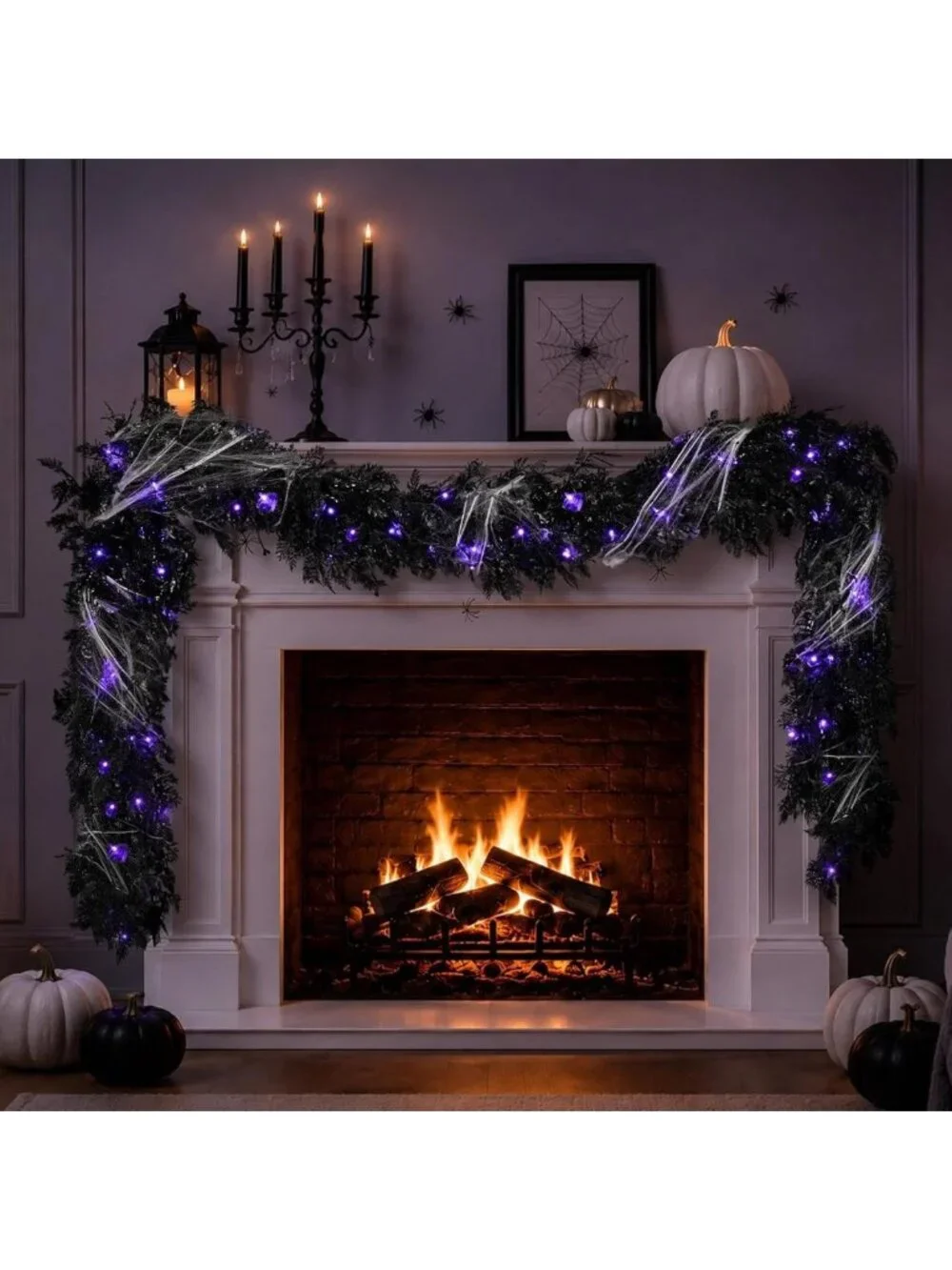 9FT Pre-Lit Halloween Garland with Black Cedar, Berries & Spiders